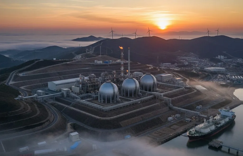 Planta energética en el amanecer